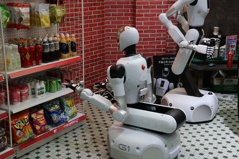 Two Galbot G1 wheeled humanoid robots picking items in a mock convenience store